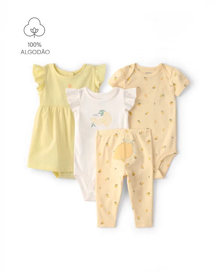 Conjunto bebê 4 peças em algodão estampado e bordado - Multicor | Carter's