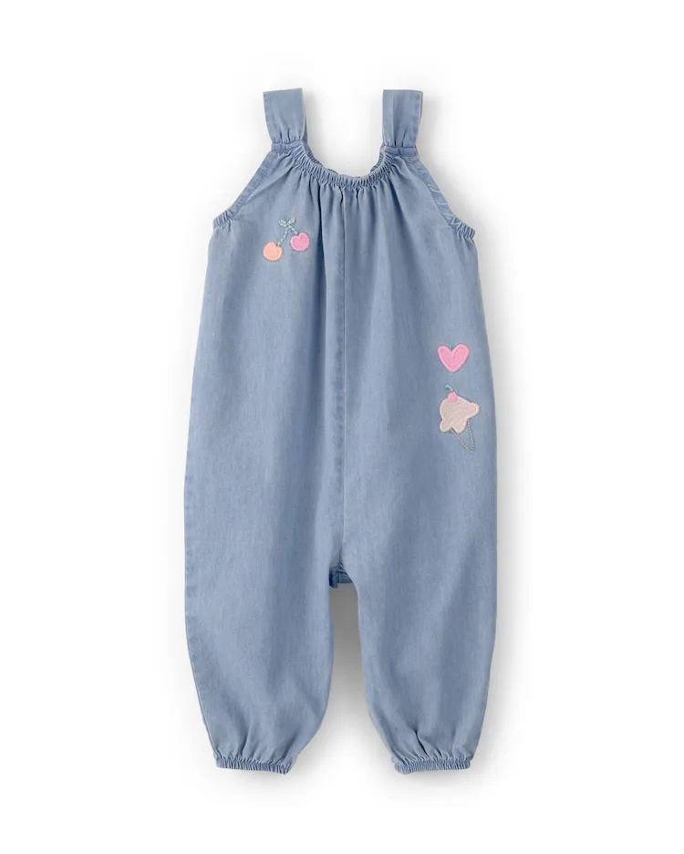 Macacão jeans bebê bordadinhos - denim médio | Carter's