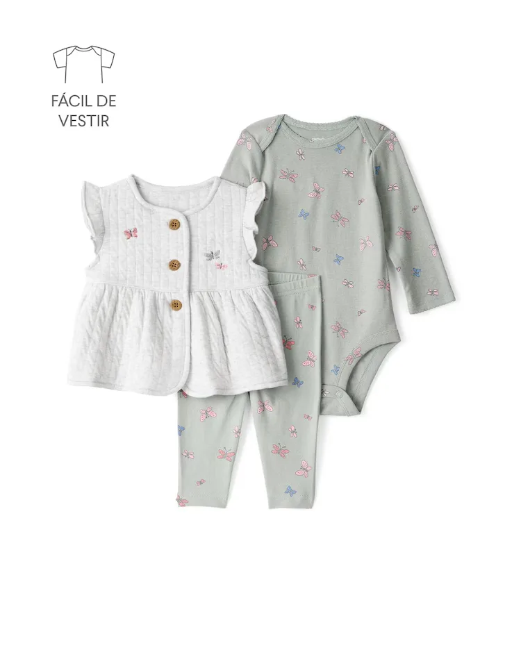 Conjunto longo bebê 3 peças matelassê borboletas - multicor | Carter's